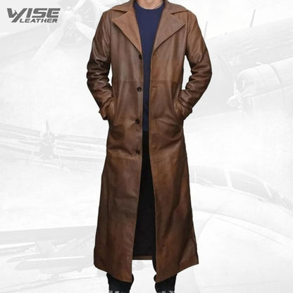 Mens Distressed Real Sheepskin Brown Long Leather Trench Coat