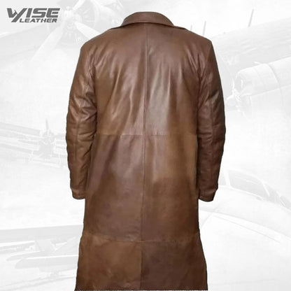 Mens Distressed Real Sheepskin Brown Long Leather Trench Coat