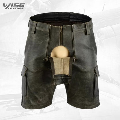 Mens Double Front Zipper Antique Leather Cargo Shorts