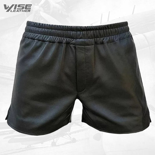 Mens Elastic Waist Athlete Real Sheepskin Black Leather Shorts