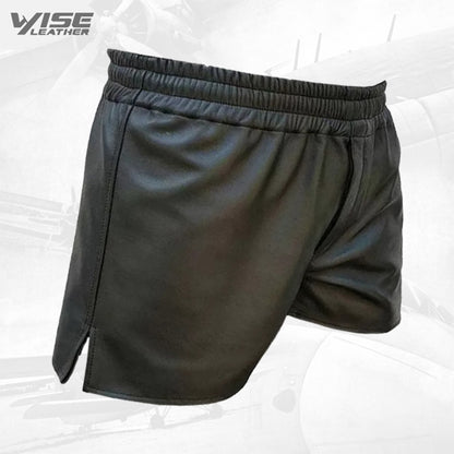 Mens Elastic Waist Athlete Real Sheepskin Black Leather Shorts