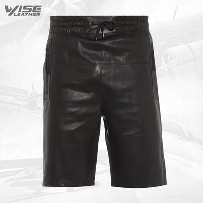 Mens Elastic With Drawstring Waist Real Sheepskin Black Leather Shorts