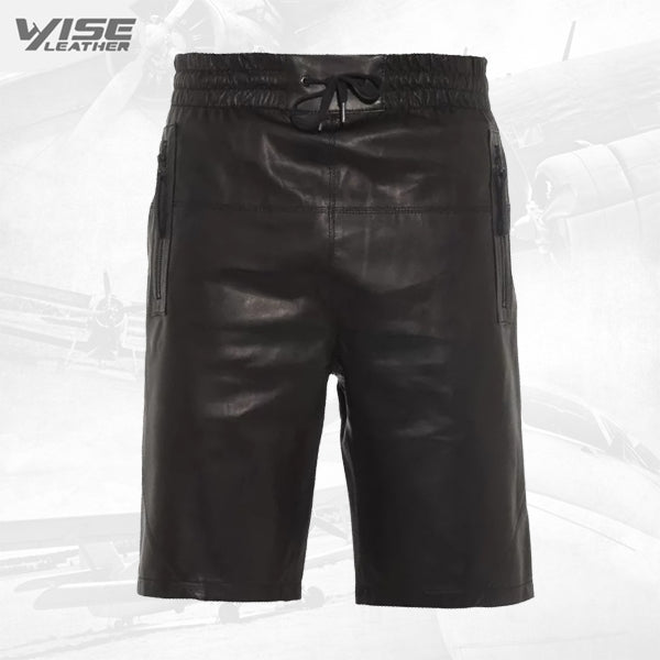 Mens Elastic With Drawstring Waist Real Sheepskin Black Leather Shorts