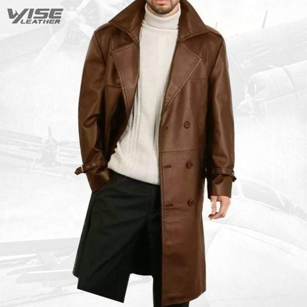 Mens Elegant style Real Sheepskin Brown Long Leather Trench Coat