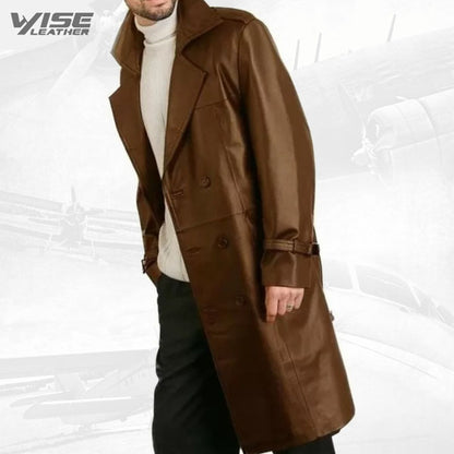 Mens Elegant style Real Sheepskin Brown Long Leather Trench Coat