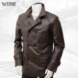 Mens Elegant style Real Sheepskin Dark Brown Long Leather Coat