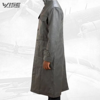 Mens Fabulous Genuine Sheepskin Gray Leather Long Trench Coat