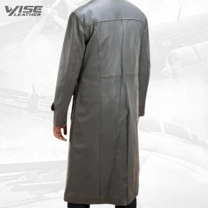 Mens Fabulous Genuine Sheepskin Gray Leather Long Trench Coat