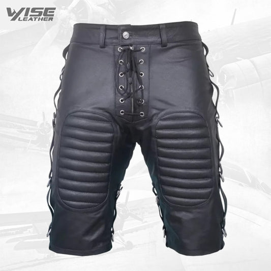 Mens Front Lace Up Quilted Real Sheepskin Black Leather Shorts