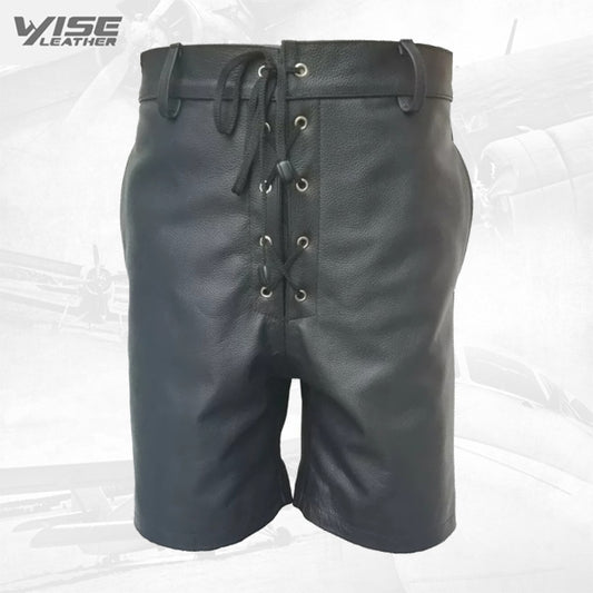 Mens Front Lace Up Real Sheepskin Black Leather Shorts