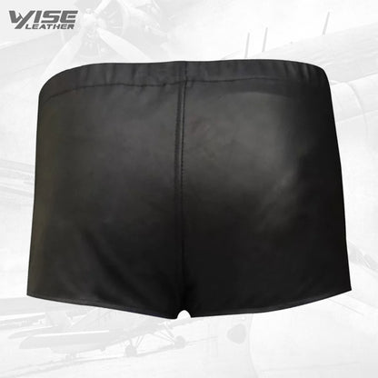 Mens Front Red Panel Real Sheepskin Black Leather Shorts