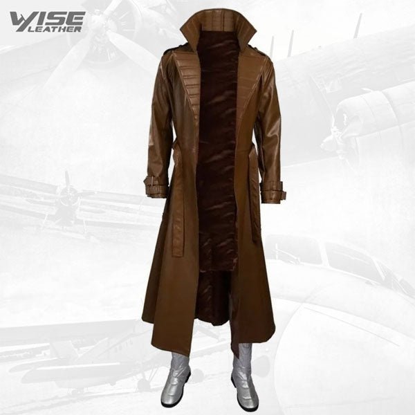 Mens Gambit Style Real Sheepskin Brown Long Leather Trench Coat