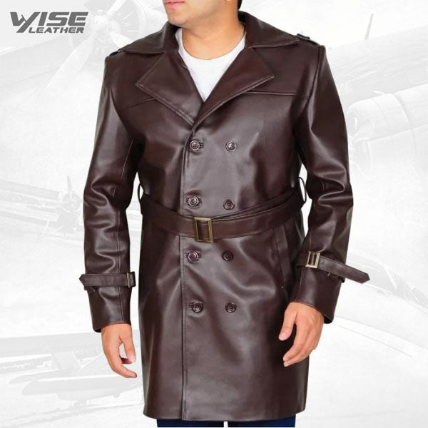 Mens Genuine Leather Dark Brown Trench Coat