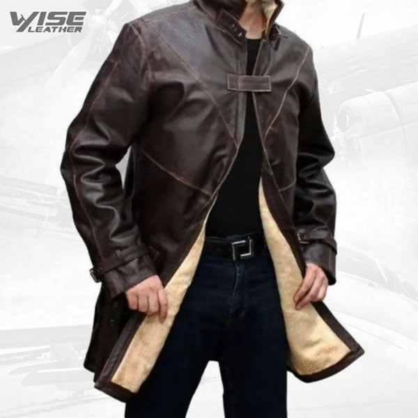 Mens Glamorous Real Sheepskin Distressed Brown Long Leather Trench Coat