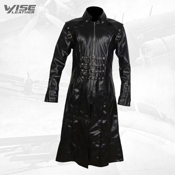 Mens Gothic Genuine Sheepskin Black Leather Long Trench Coat