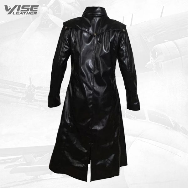 Mens Gothic Genuine Sheepskin Black Leather Long Trench Coat