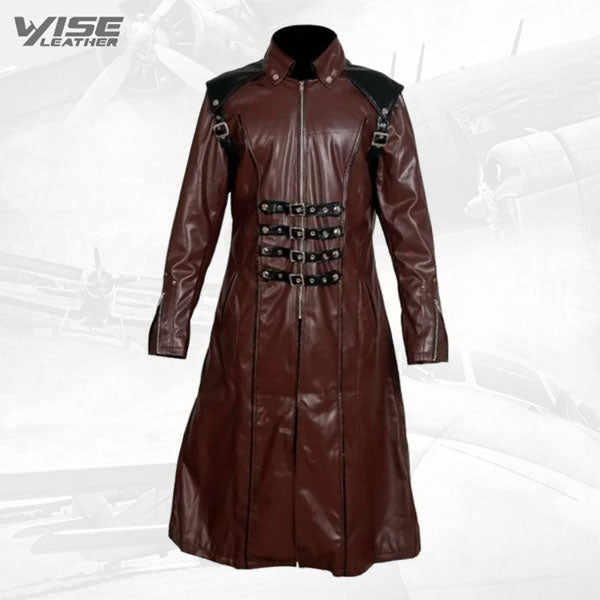 Mens Gothic Genuine Sheepskin Brown Leather Long Trench Coat