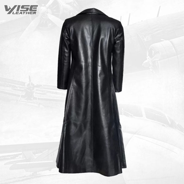 Mens Gothic Style Real Sheepskin Black Leather Long Trench Coat