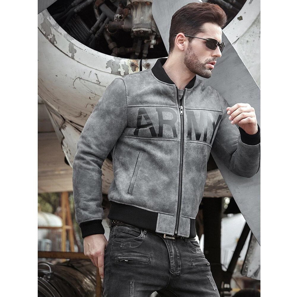 Mens Grey Sheepskin Army Shearling Bomber Jacket for sale