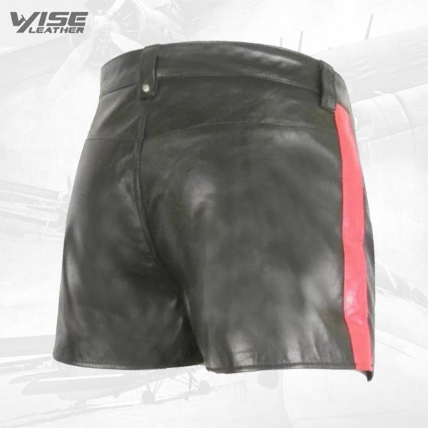 Mens Hot Red Strip Real Sheepskin Black Leather Shorts