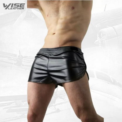 Mens Hot Three Button Real Black Leather Shorts