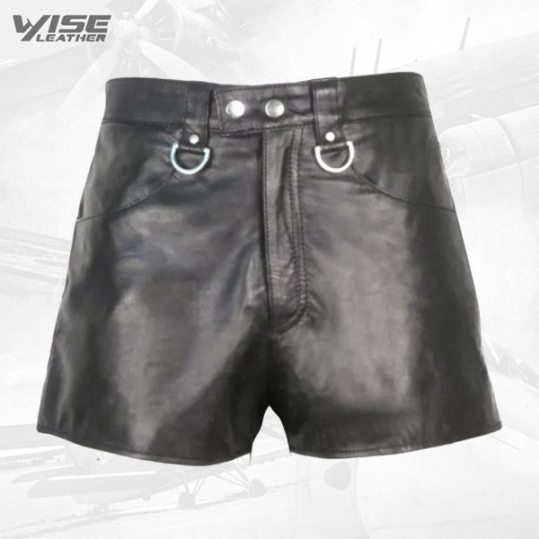 Mens Hot White Strip Real Sheepskin Black Leather Shorts