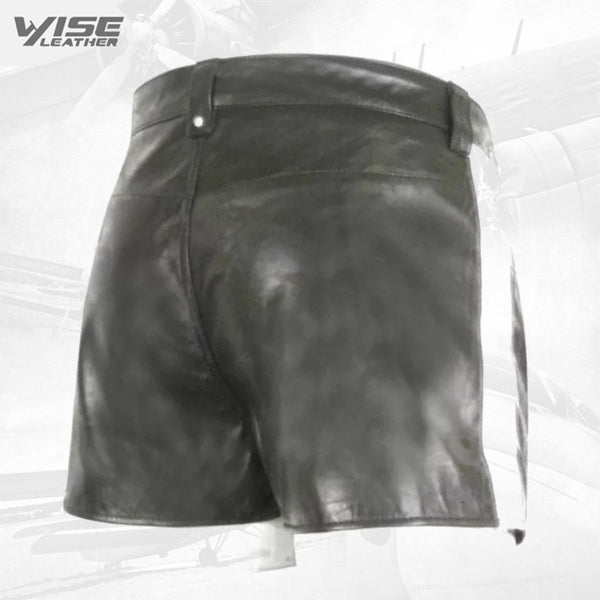 Mens Hot White Strip Real Sheepskin Black Leather Shorts