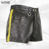 Mens Hot Yellow Strip Real Sheepskin Black Leather Shorts