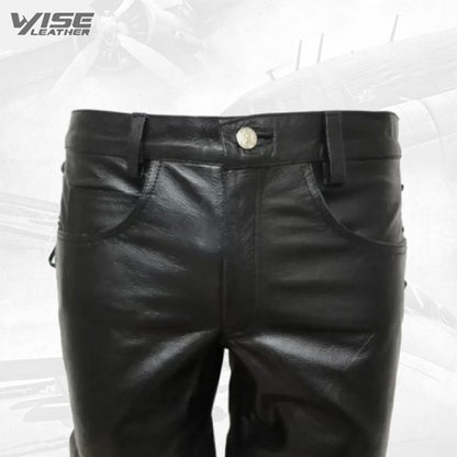 Mens Jeans Style Black Leather Short