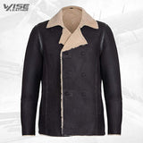 Mens Khaki German Double Breasted Real Sheepskin Shearling Leather Jacket Coat