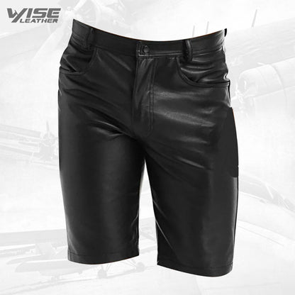Mens Knee Length Real Sheepskin Black Leather Shorts