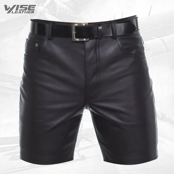 Mens Knee Length Slim Fitted Real Sheepskin Black Leather Shorts