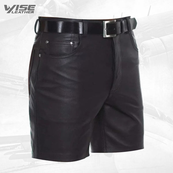 Mens Knee Length Slim Fitted Real Sheepskin Black Leather Shorts