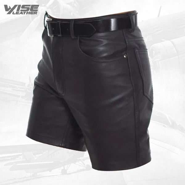 Mens Knee Length Slim Fitted Real Sheepskin Black Leather Shorts