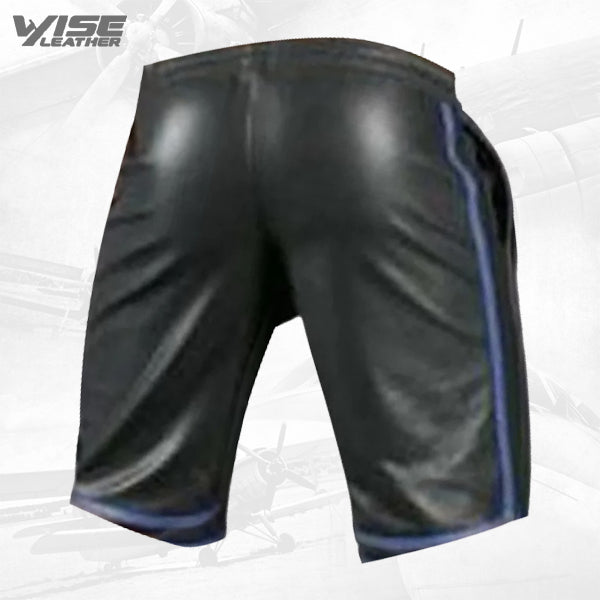 Mens Real Lamb Black Leather Basketball Shorts With Blue Strips