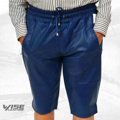 Mens Relaxed Fit Smooth Blue Leather Shorts