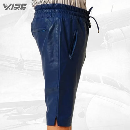 Mens Relaxed Fit Smooth Blue Leather Shorts