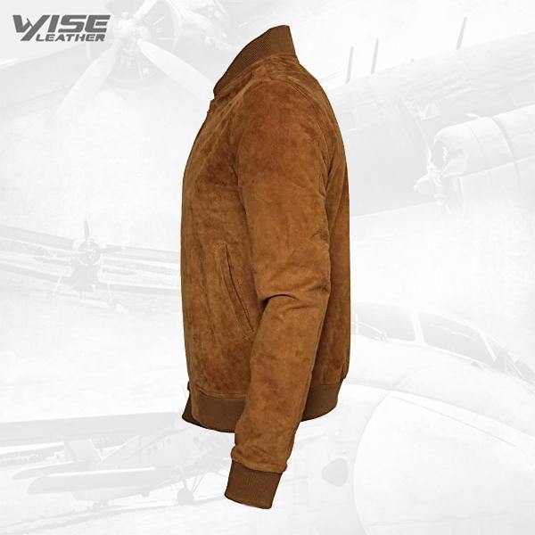 Mens Retro Tan Goat Suede Leather Bomber Varsity Jacket - Wiseleather