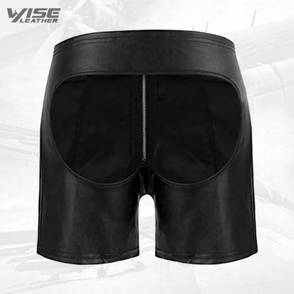 Mens Sexy Backless Genuine Black Leather Shorts