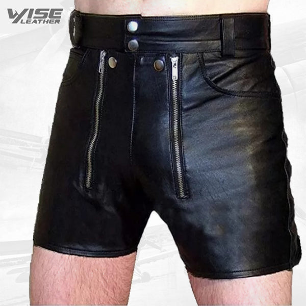 Mens Sexy Real Black Leather Rear Zip Shorts