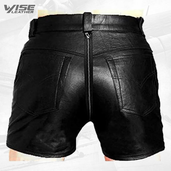 Mens Sexy Real Black Leather Rear Zip Shorts
