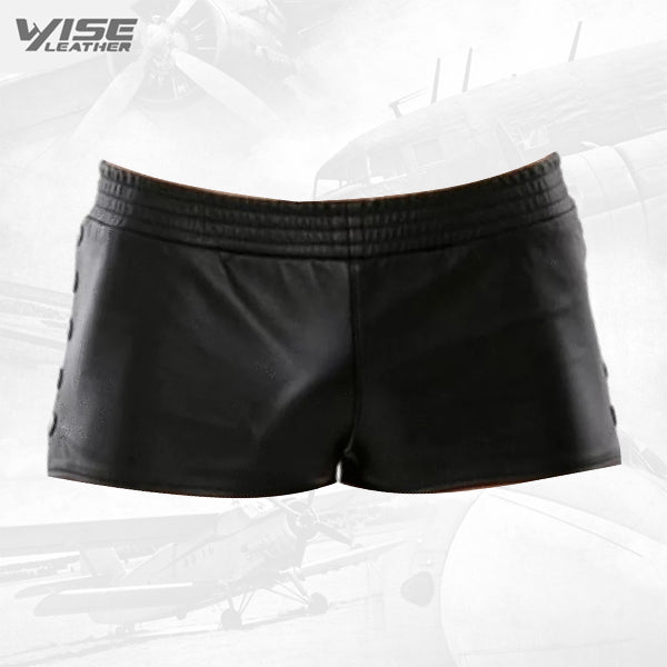 Mens Side Snap Buttons Closure Real Sheepskin Black Leather Shorts