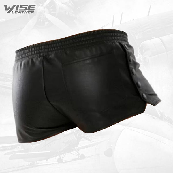 Mens Side Snap Buttons Closure Real Sheepskin Black Leather Shorts