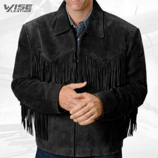Mens Simple Style Western Suede Black Fringe Jacket Coat - Wiseleather