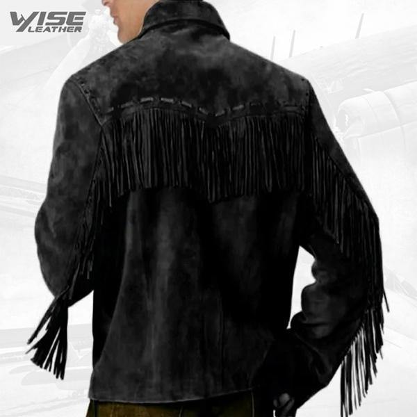 Mens Simple Style Western Suede Black Fringe Jacket Coat - Wiseleather