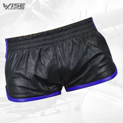 Mens Sports Blue Strips Real Sheepskin Black Leather Shorts