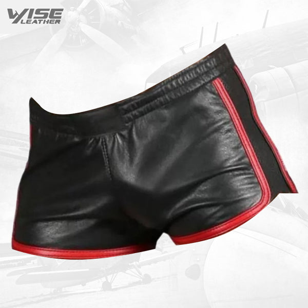 Mens Sports Gym Real Sheepskin Black Leather Red Strips Shorts