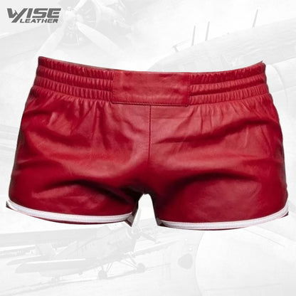 Mens Sports Gym Real Sheepskin Red Leather White Strips Shorts