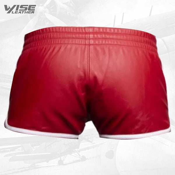 Mens Sports Gym Real Sheepskin Red Leather White Strips Shorts