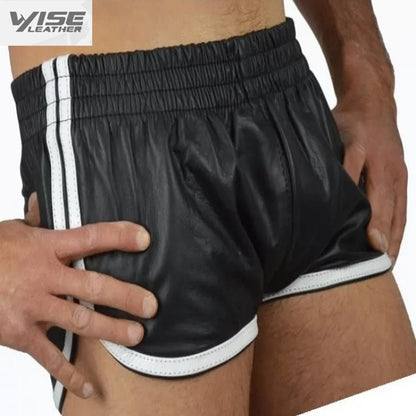 Mens Sports White Strips Real Sheepskin Black Leather Shorts